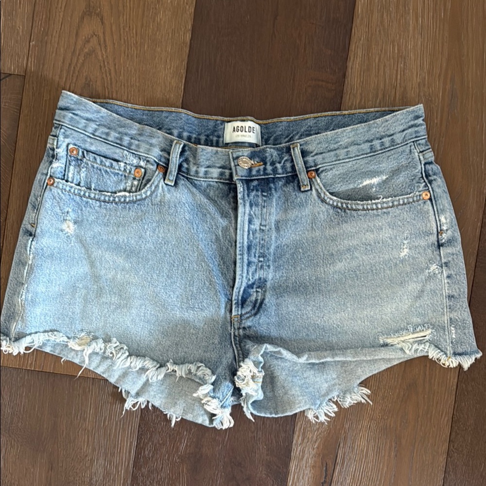 Agolde Blue Jean Shorts with Distressed Cut-Off Hem 31 EUC